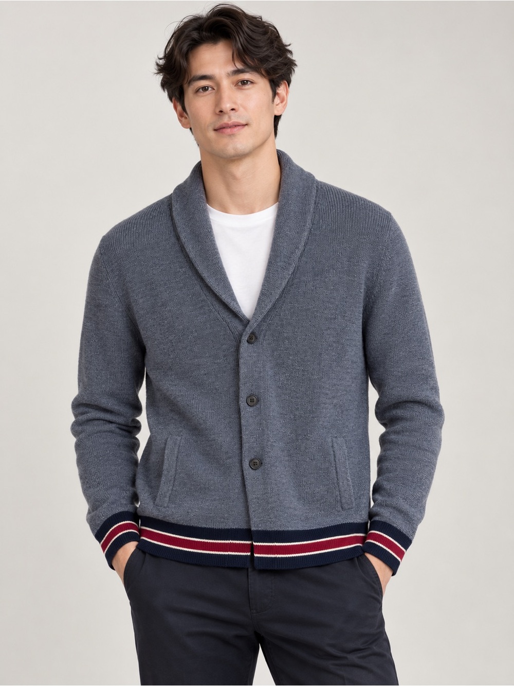 THE KOOPLES Sport Merino Wool Shawl Collar Button Cardigan Sweater - Gray